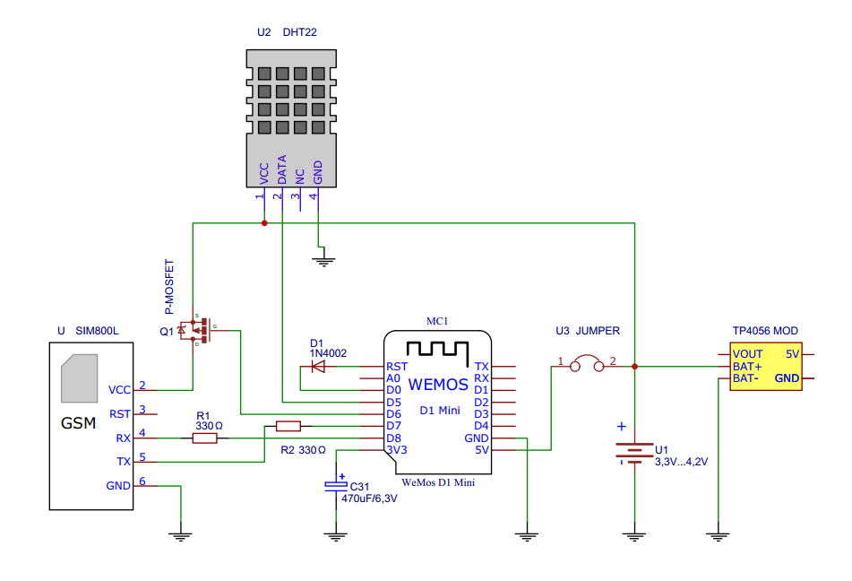 Schaltplan SIM800L ESP8266 DHT22 GPRS ThingSpeak